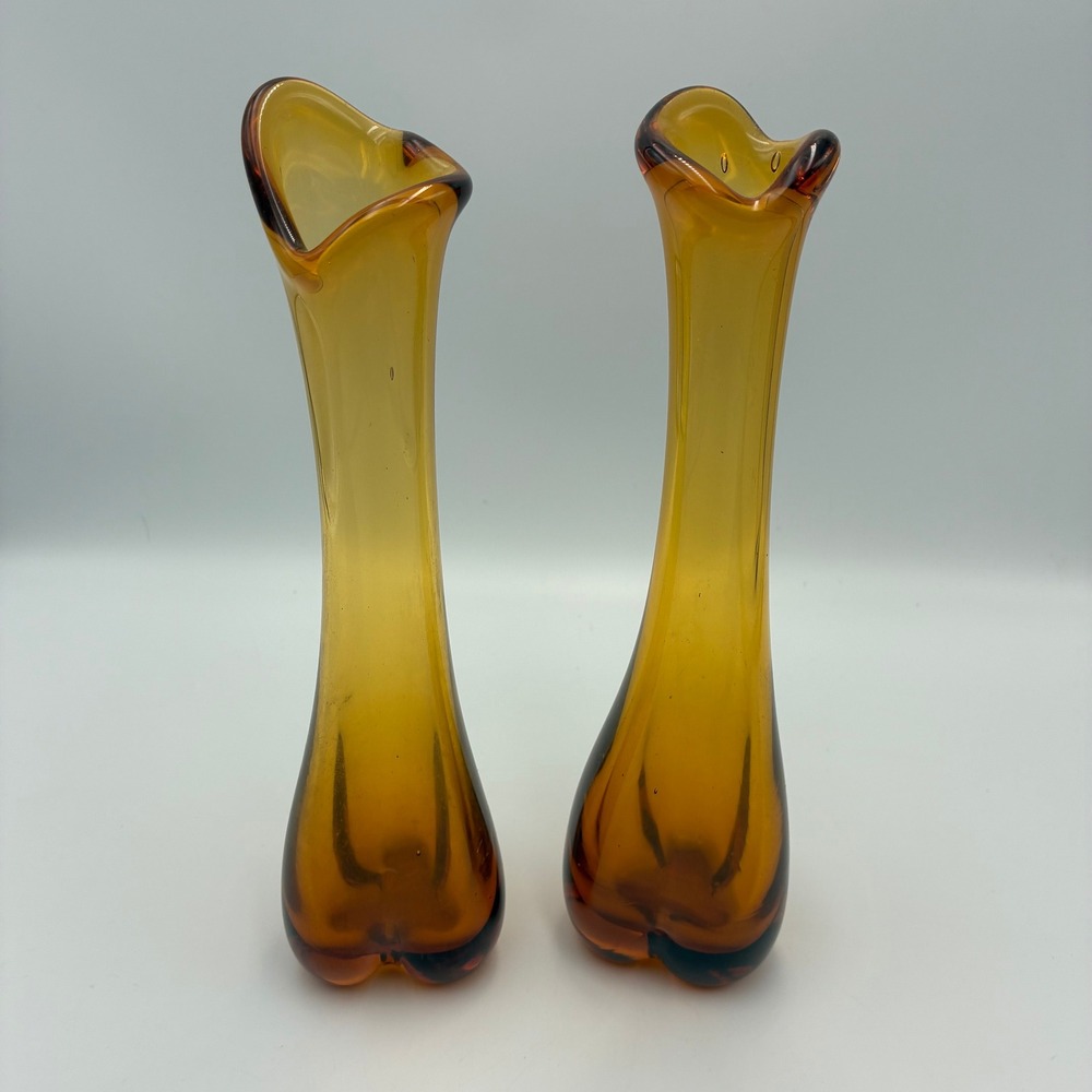 Vintage Amber Glass Swung Bud Vases Mid Century Modern Tri-Lobed Base Set of 2